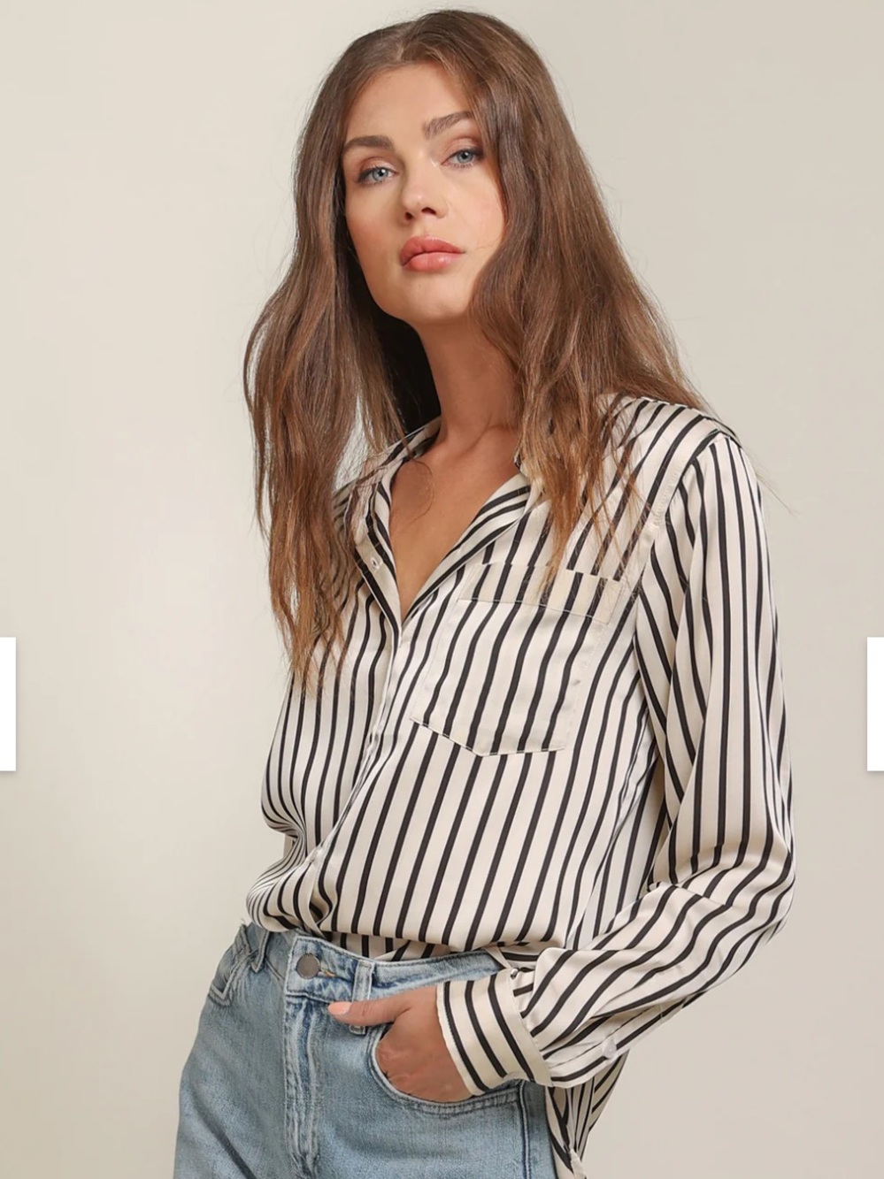 Striped Button-Up Shirt in Cream and Brown